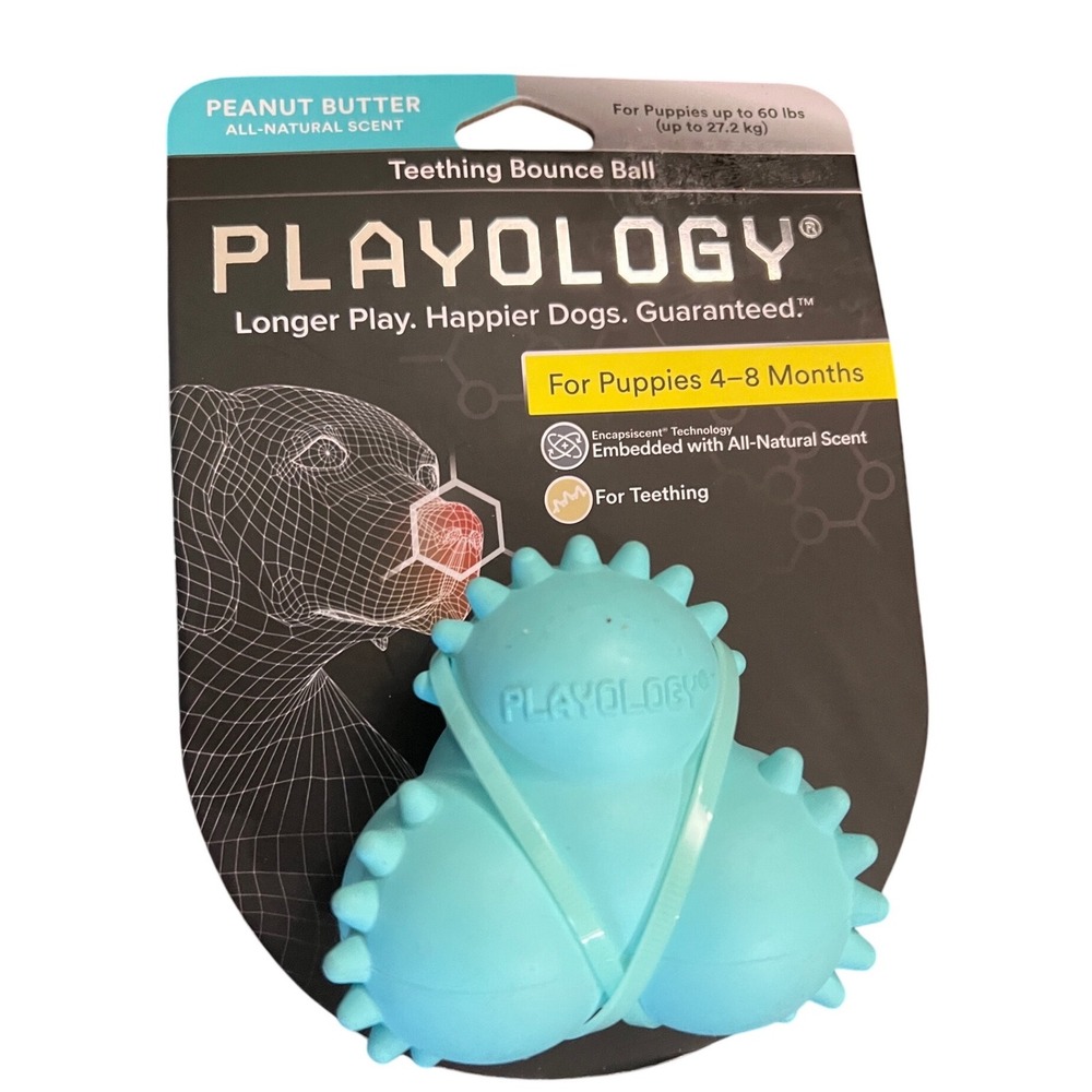 Playology Puppy Teething Bounce Ball Peanut Butter Scent Blue Toy up to 60lbs
